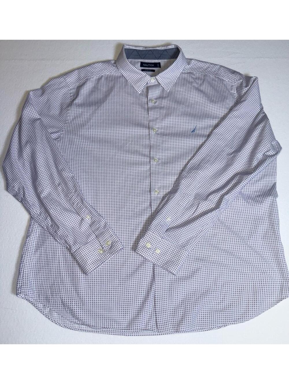 Nautica Men’s XL Stretch Button Down Shirt White Blue Red Geometric Print